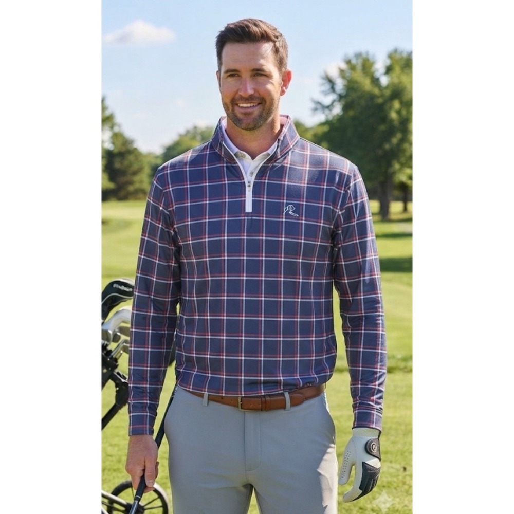 Rhoback 1/4 Zip Pullover Men's Med Performance Blue Plaid Flag Golf Stretch